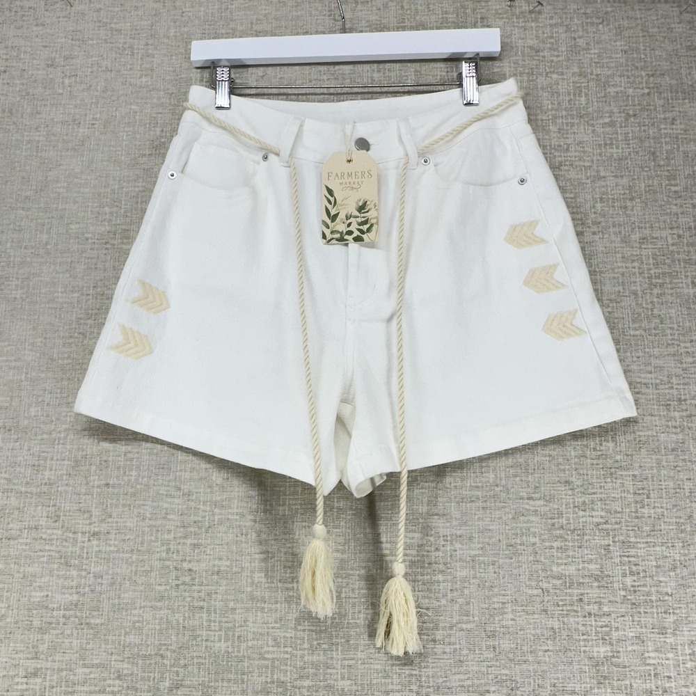 Farmers Market Shorts Womens 10 White High Rise Mom‎ Embroidered Denim Tassel